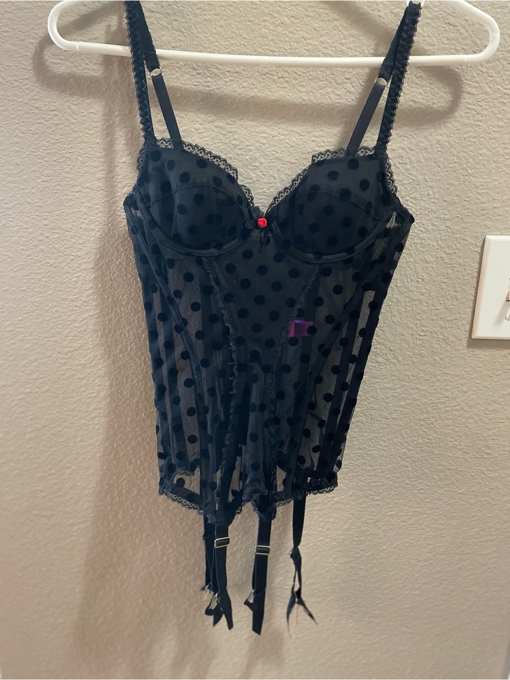 L’agent Provocateur Black Polka Dot Sheer Bustier with Garter Straps